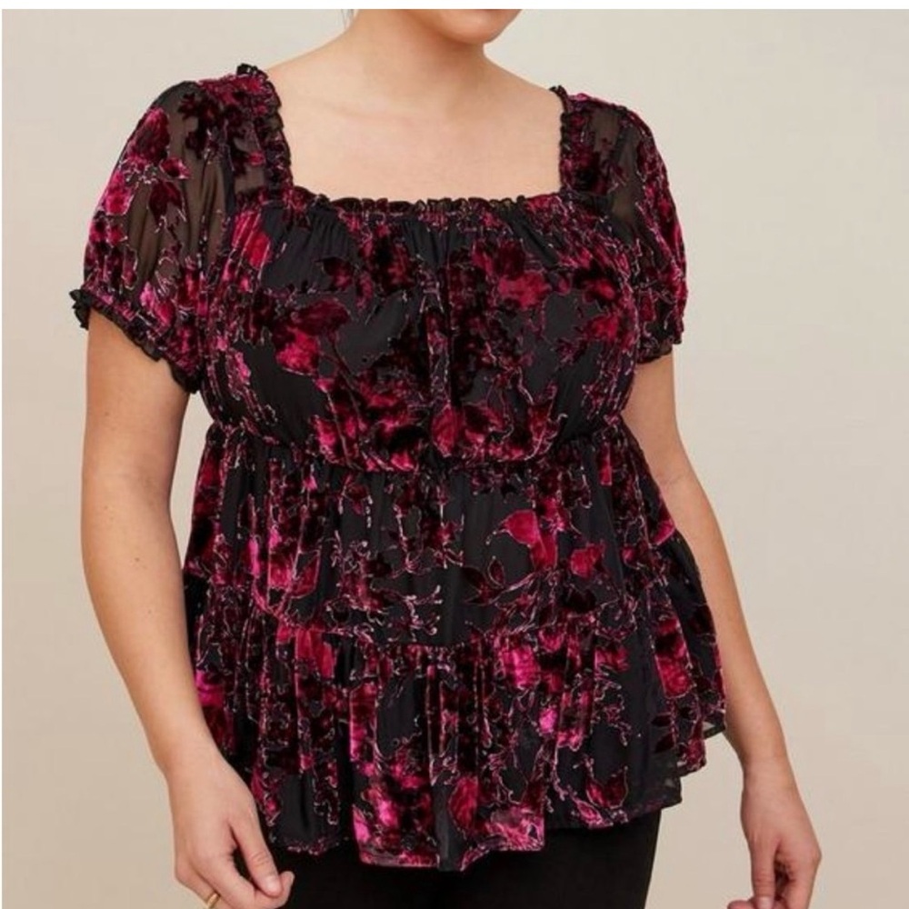 Torrid Black and Pink Floral Velvet Blouse